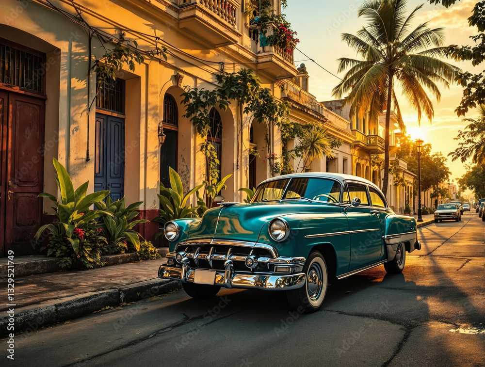 Fototapeta premium A vivid, sunlit scene of a classic car parked on the side of a street, surrounded by buildings with doors and windows, lush plants, and tall trees. The sky is painted with hues of orange and blue, sug