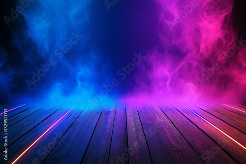 Colorful multicolored smoke background with wooden floor, creating vibrant atmosphere. blue and pink hues blend beautifully, evoking sense of energy and creativity