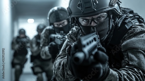 This gripping image captures the intensity and professionalism of an elite SWAT team showcasing their specialized training gear