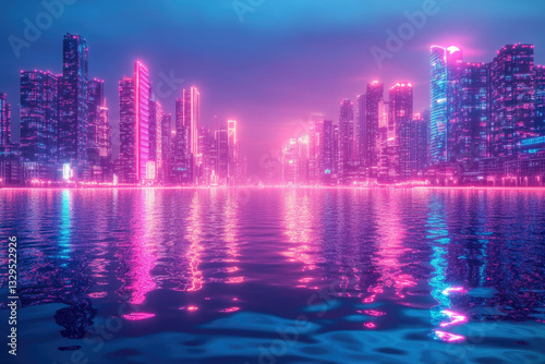Neon-lit futuristic cityscape reflected in calm water at night, vibrant pink and blue hues.