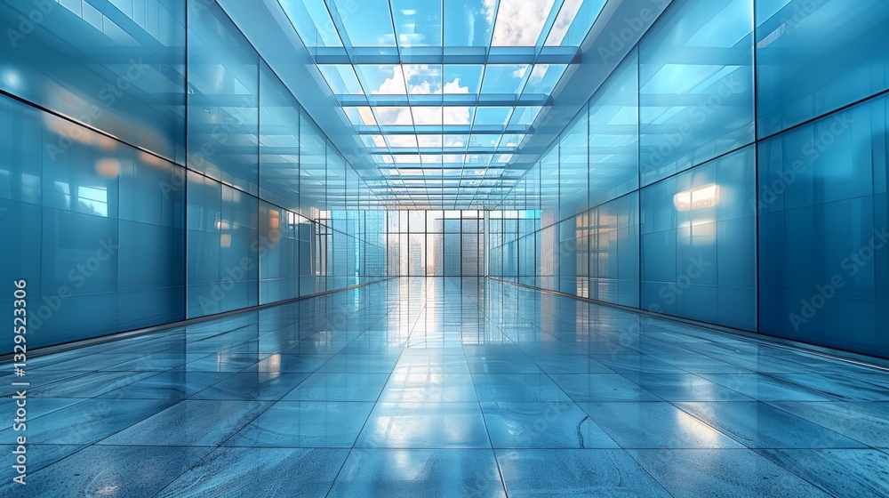 Obraz premium The minimalist architecture of this hallway, with glass walls and a soft blue ceiling, creates a bright, open atmosphere full of light and space.