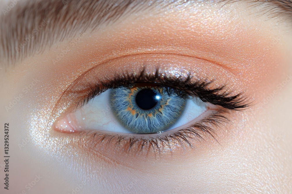 Obraz premium A close-up of a stunning human eye, reflecting a soft, radiant glow, enhanced by delicate makeup. The detailed iris and long lashes capture the essence of natural beauty and alluring charm.