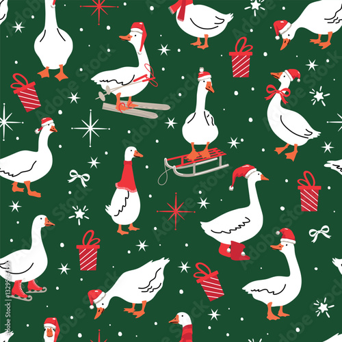 Winter Christmas pattern with white geese, Christmas design on green background .Vector illustration