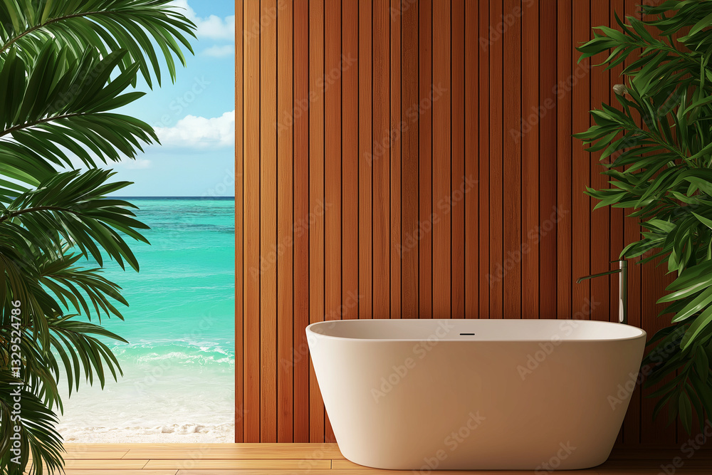 Fototapeta premium Modern bathroom with freestanding bathtub and ocean view, surrounded by tropical plants. serene and relaxing atmosphere invites tranquility and comfort
