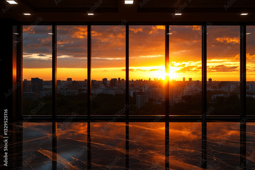 Fototapeta premium modern office interior with panoramic windows showcasing stunning sunset over city skyline. reflection on polished floor adds to serene atmosphere