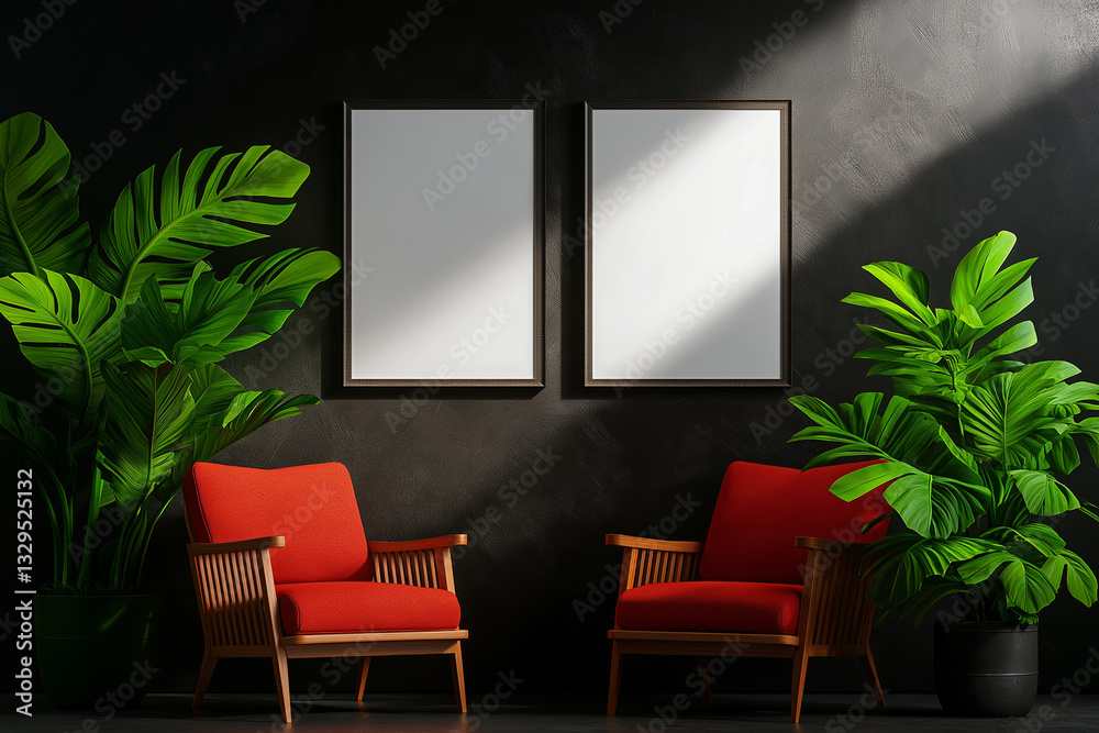 Modern interior design featuring two empty picture frames, vibrant green plants, and stylish red chairs. contrast of colors creates lively and inviting atmosphere Modern interior design featuring two empty picture frames, vibrant green plants, and stylish red chairs. contrast of colors creates lively and inviting atmosphere