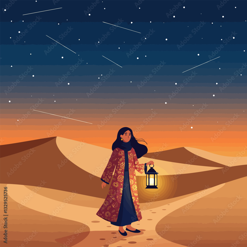 Fototapeta premium Woman Walking Desert Landscape at Dusk with Lantern Under Stars