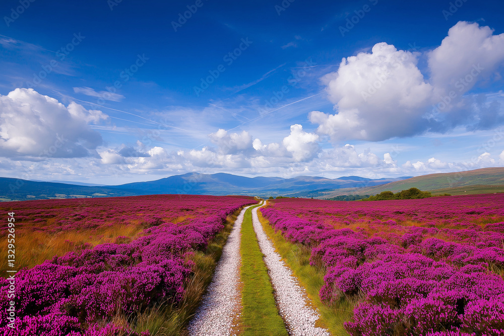 scenic view of North York Moors in full bloom, featuring vibrant purple heather along winding gravel path under bright blue sky with fluffy clouds scenic view of North York Moors in full bloom, featuring vibrant purple heather along winding gravel path under bright blue sky with fluffy clouds