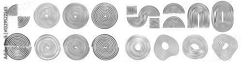 Line stroke art doodle modern hand drawn graphic elements vector set, handdrawn scrawl scribble waves retro minimalist boho design shapes, concentric circular spiral image clipart