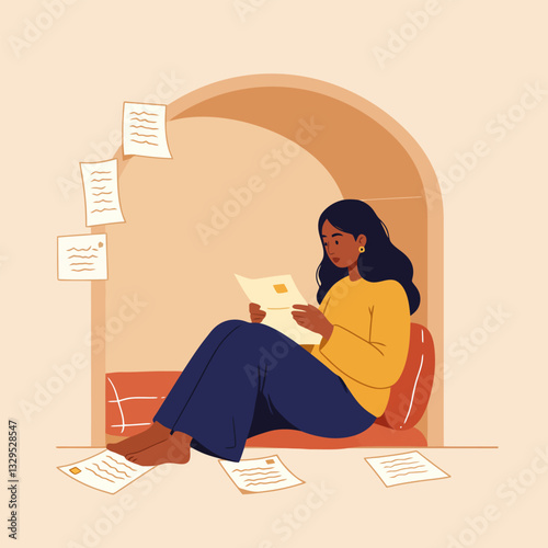 Woman Reading Letter at Home with Scattered Papers Illustration