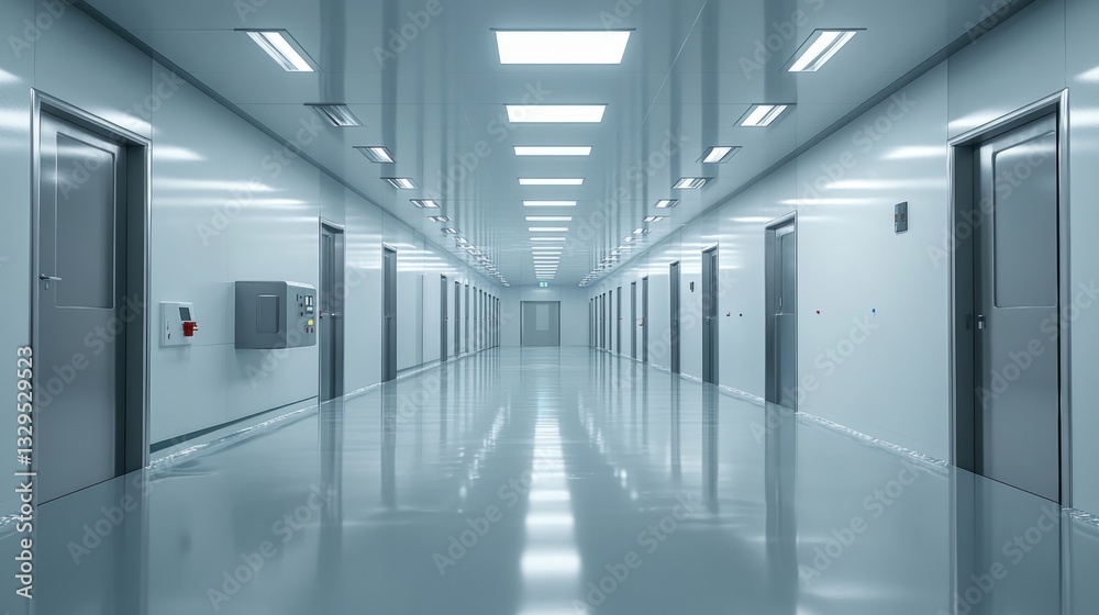 Obraz premium a long, symmetrical hallway with doors and ceiling lights.