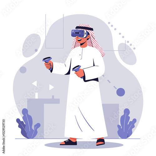 Man Wearing Virtual Reality Headset Holding Controllers Exploring Digital World