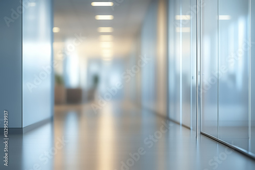modern office interior with blurred glass walls and soft lighting creates serene atmosphere. hallway is spacious, with focus on minimalistic design and calm ambiance