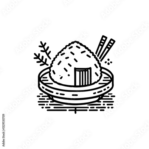 Stylized vector onigiri illustration with clean strokes and cultural aesthetics. Japanese food logo concept  