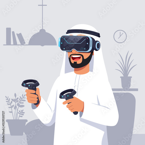 Man Experiencing Virtual Reality with Headset and Controllers at Home