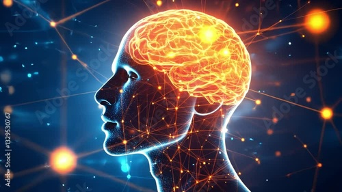 Mind's Network: An illuminated human head silhouette with a glowing brain, showcasing a network of interconnected lines and dots, symbolizing thoughts, intelligence, and the power of the mind.