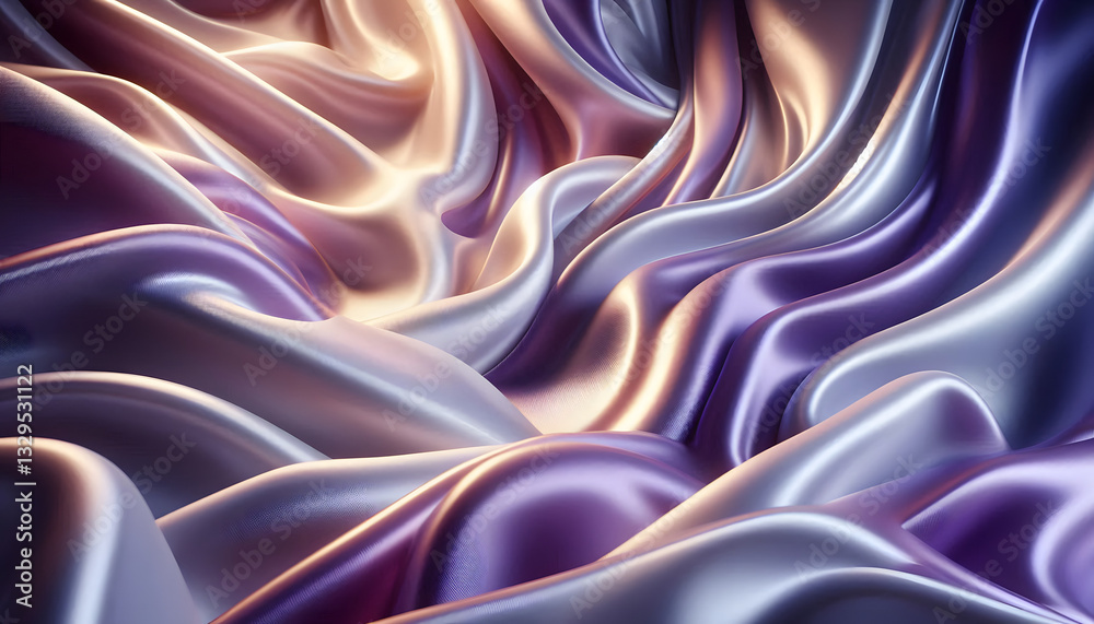 Obraz premium An elegant close-up of silky fabric with smooth, flowing waves in soft shades of purple and cream, illuminated by soft light, creating a luxurious and serene atmosphere.