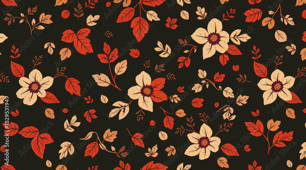 Floral pattern background for website or social media. Decorative flowers in orange and cream tones, with leaves, set against a dark brown background. Floral pattern background for website or social media. Decorative flowers in orange and cream tones, with leaves, set against a dark brown background.