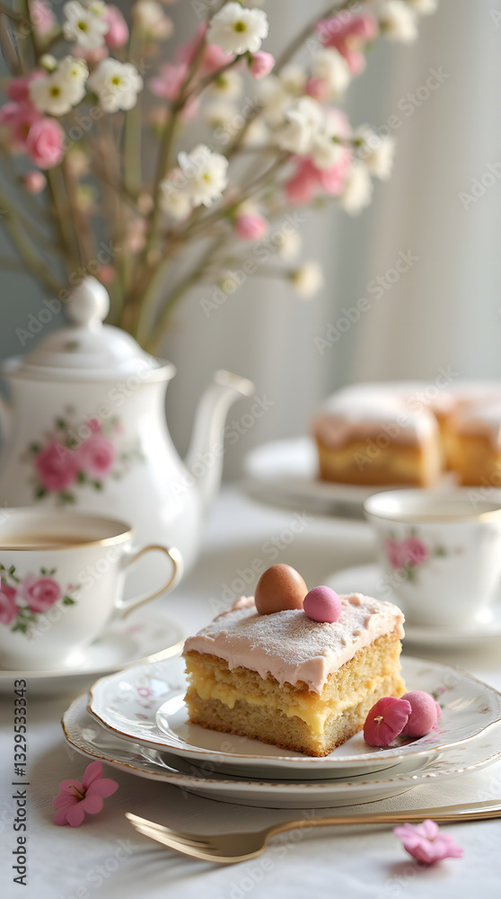 Graceful Spring Tea Party with Delicate Floral China, Festive Iced Easter Cakes, and Fresh Blooms for a Charming Seasonal Gathering