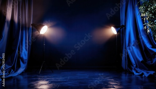 A photography studio setup featuring vibrant spotlight equipment, dark blue drapery, and a green plant, creating a moody and stylish atmosphere.