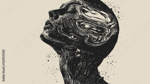 The image is a monochrome, abstract portrait of a person's head and neck. The style is painterly, with visible brushstrokes and texture creating a sense of depth and movement within the figure. The