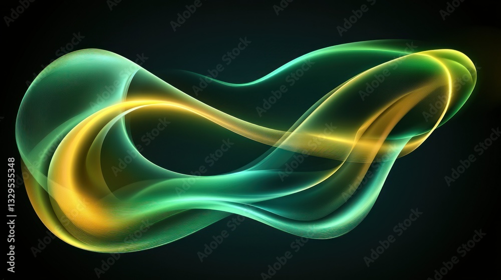 Naklejka premium abstract shimmering waveform of intertwined luminous threads with vibrant green and yellow hues in a dark atmospheric setting showcasing movement