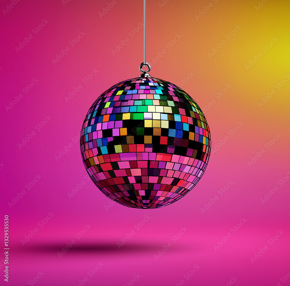 Obraz premium vibrant disco ball hanging against colorful gradient background, reflecting light and creating festive atmosphere. Perfect for party themes and celebrations