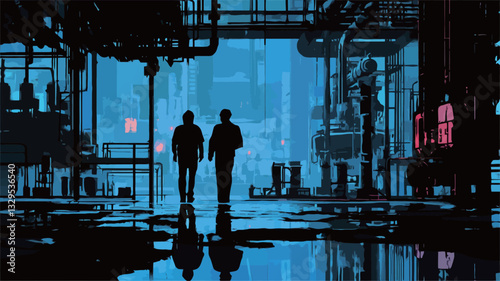 The image depicts two dark silhouettes of workers walking through a large industrial space at night. The setting is dimly lit with a predominantly blue hue.  The environment is filled with complex