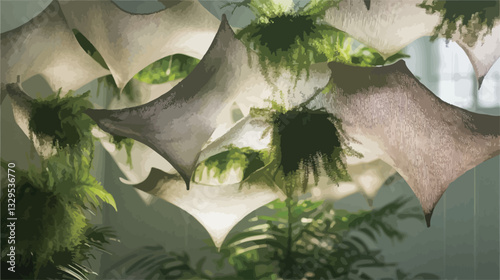 The image shows multiple pale, translucent, organic forms suspended in space.  These forms resemble stylized leaves or wings, exhibiting a soft, flowing texture. They are interspersed with lush