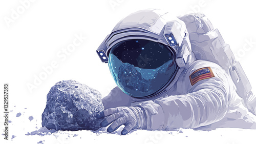 A digital illustration depicts an astronaut in a white spacesuit crouched down, examining a gray, irregular-shaped rock on a white, seemingly barren surface.  The astronaut's helmet visor reflects