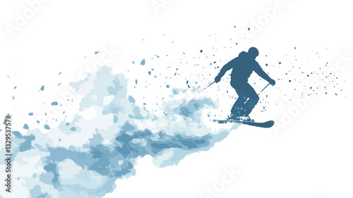 The image is a stylized illustration or graphic design of a skier. The skier is depicted as a dark blue silhouette against a white background.  The skier appears to be in mid-air, creating a spray