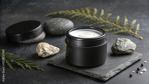 Natural Skincare Cream in Black Jar with Herbal Ingredients photo