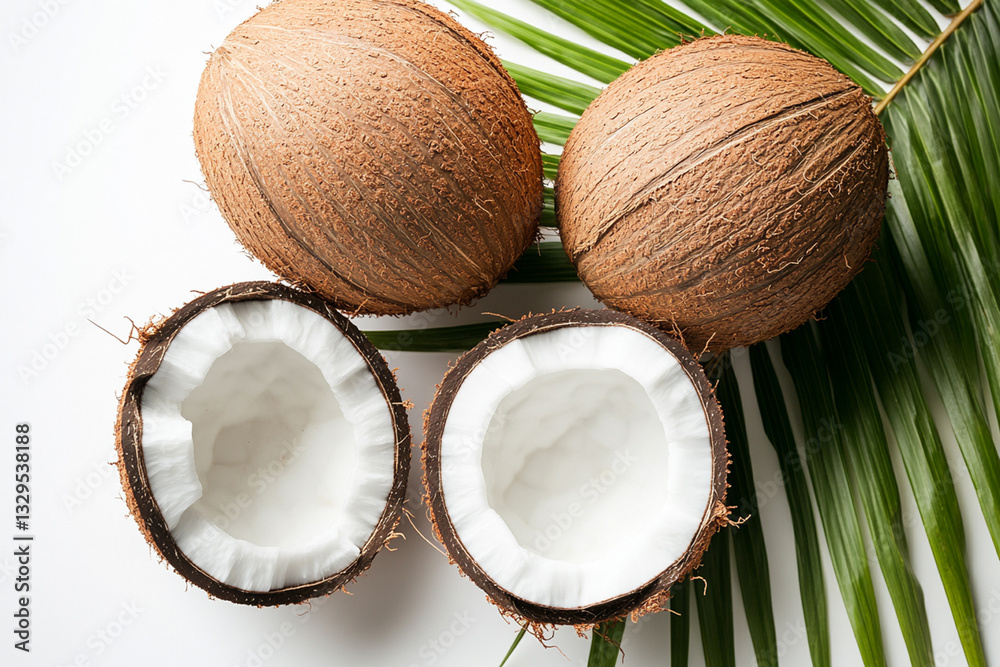 Top view shot of coconuts, whole and cracked on halves, isolated on white background with a lot of copy space for text. Raw fruit of tropical palm. Flat lay Top view shot of coconuts, whole and cracked on halves, isolated on white background with a lot of copy space for text. Raw fruit of tropical palm. Flat lay
