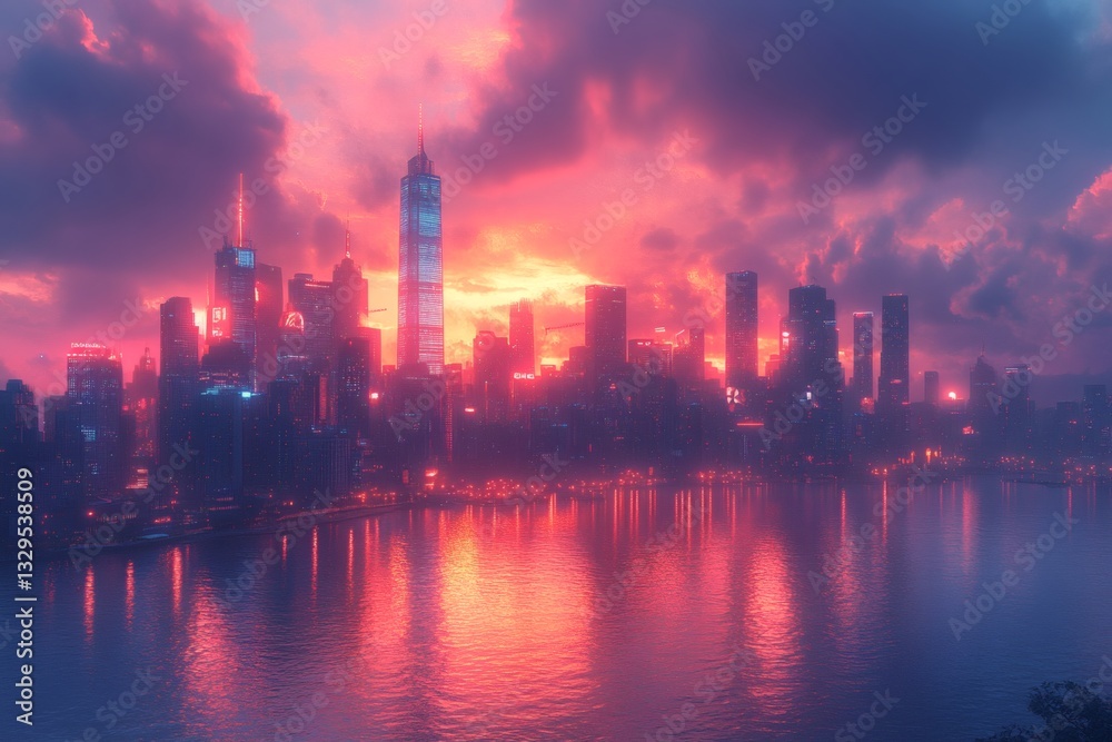Fototapeta premium a skyline with tall buildings at sunset. The sky is a beautiful blend of colors with the city lights reflecting on the water