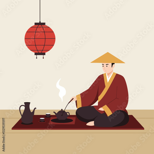 Man Preparing Tea with Lantern in Asian Tea Ceremony Setting