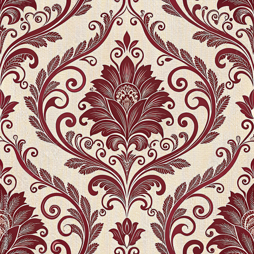 Dark red damask with ornate baroque scrolls seamless pattern wallpaper background