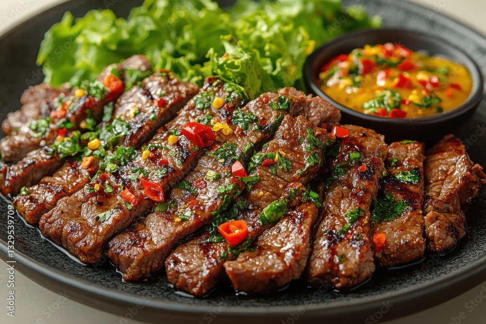 Delicious sliced steak with fresh herbs and greens on a plate ready to be served Delicious sliced steak with fresh herbs and greens on a plate ready to be served