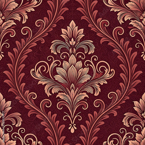 Dark red damask with ornate baroque scrolls seamless pattern wallpaper background