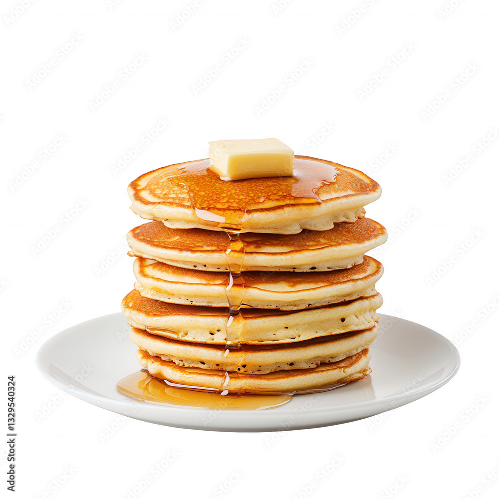 Stack of fluffy pancakes with butter and syrup on a white plate, isolated background. Stack of fluffy pancakes with butter and syrup on a white plate, isolated background.