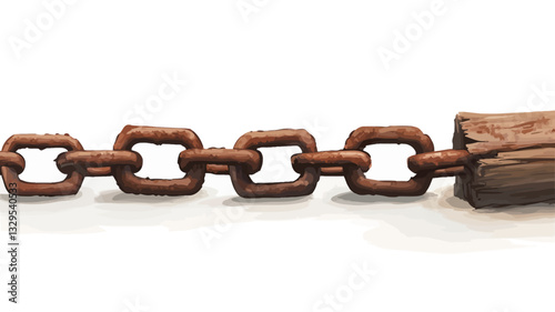 Close-up view of a section of rusty chain with square links.  The chain shows significant signs of rust and weathering. The chain terminates at a rectangular wooden block at the right end. The