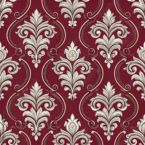 Dark red damask with ornate baroque scrolls seamless pattern wallpaper background