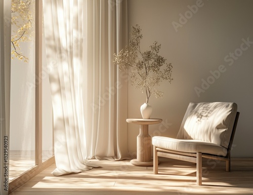 Sunlit living room corner with chair, wooden table and vase,  through sheer curtains photo