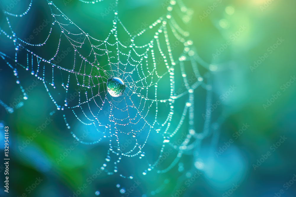 Fototapeta premium A dewy spiderweb glistening in the morning sun, nature's delicate artistry.