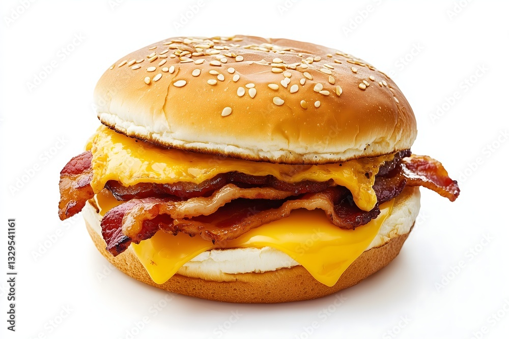 A breakfast burger with a sesame seed bun made with bacon, egg and melted cheese isolated on a white background A breakfast burger with a sesame seed bun made with bacon, egg and melted cheese isolated on a white background