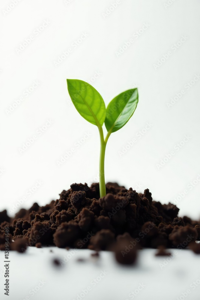 Single sprout emerging from soil on a white background, green, emerging, sprout