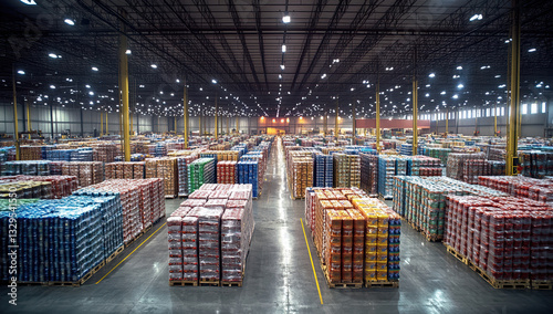A brightly lit warehouse filled with pallets of goods, ready for branding and packaging, Logistics concept