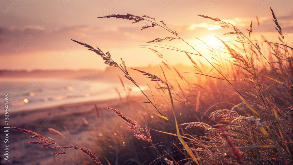 Fototapeta premium Scenic beach at sunset with ocean waves and misty mountains.