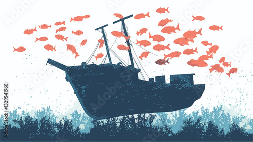 The illustration depicts a stylized, dark blue silhouette of a ship partially submerged underwater.  The ship is relatively simple in form, lacking intricate details. A large school of small,