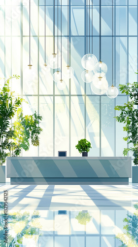 A large, open room with a white counter and a potted plant