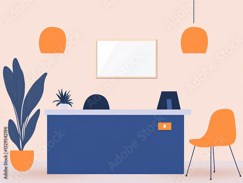 A large, open room with a white counter and a potted plant